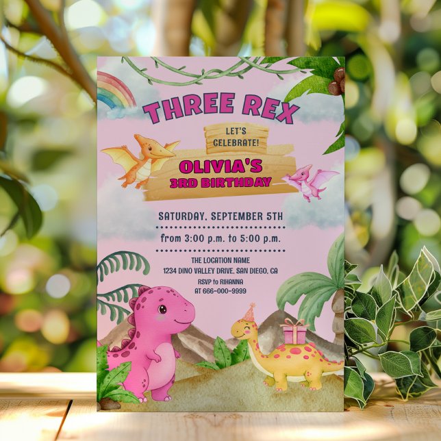Pink Dinosaur Three Rex 3rd Birthday Girl Party Invitation (Pink Dinosaur Three Rex Birthday Girl Party Invitation)