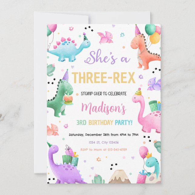 Pink Dinosaur Three Rex Girl Dino Birthday Party Invitation (Front)
