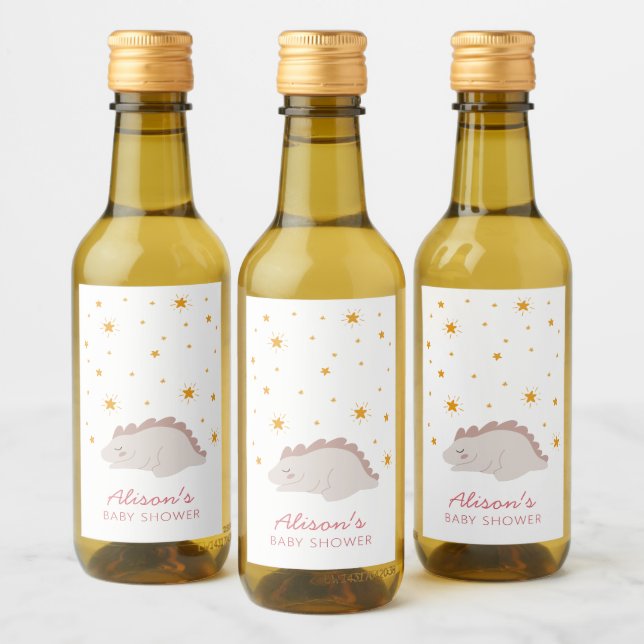Pink Dinosaur Twinkle Star Baby Shower Girl Mini Wine Label (Bottles)