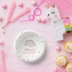Pink Dinosaur Twinkle Star Baby Shower Girl Party  Paper Plate