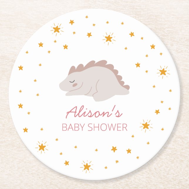 Pink Dinosaur Twinkle Star Baby Shower Girl Party  Round Paper Coaster (Front)