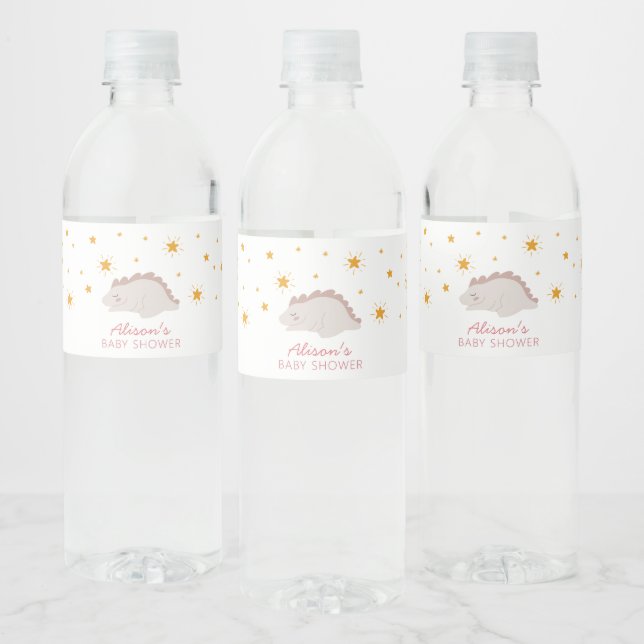 Pink Dinosaur Twinkle Stars Baby Girl Shower Water Bottle Label (Bottles)