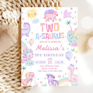 Pink Dinosaur Two A-Saurus 2nd Birthday Party Invitation