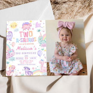 Pink Dinosaur Two A-Saurus 2nd Birthday Photo Invitation