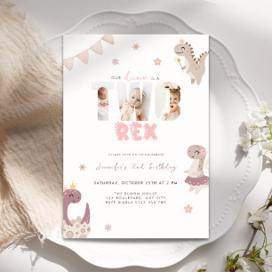 Pink Dinosaur Two Rex 2nd Birthday Photo  Invitation
