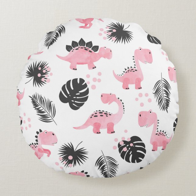 Pink Dinosaurs: Cute Kids Pattern. Round Cushion (Front)