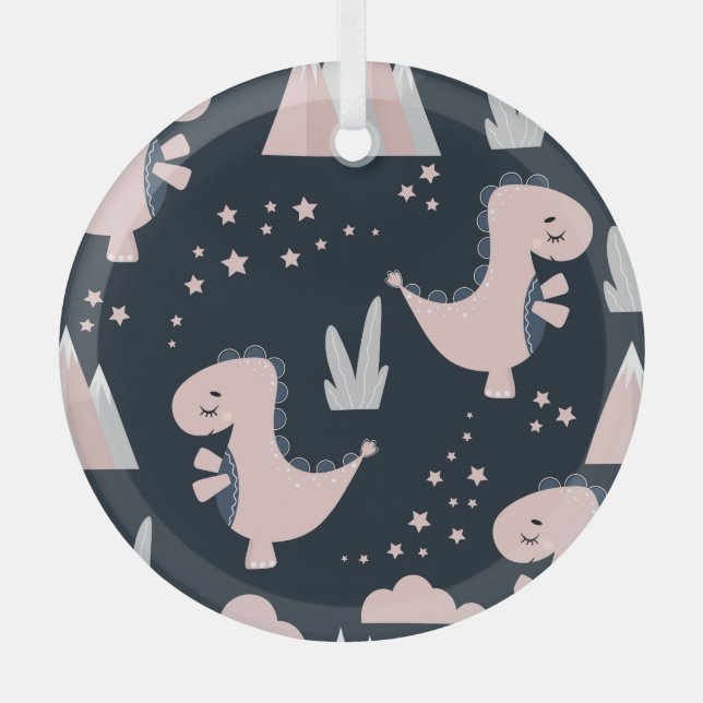 Pink dinosaurs, dark background, cute glass tree decoration (Front)