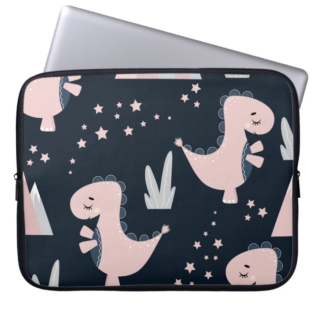 Pink dinosaurs, dark background, cute laptop sleeve (Front)