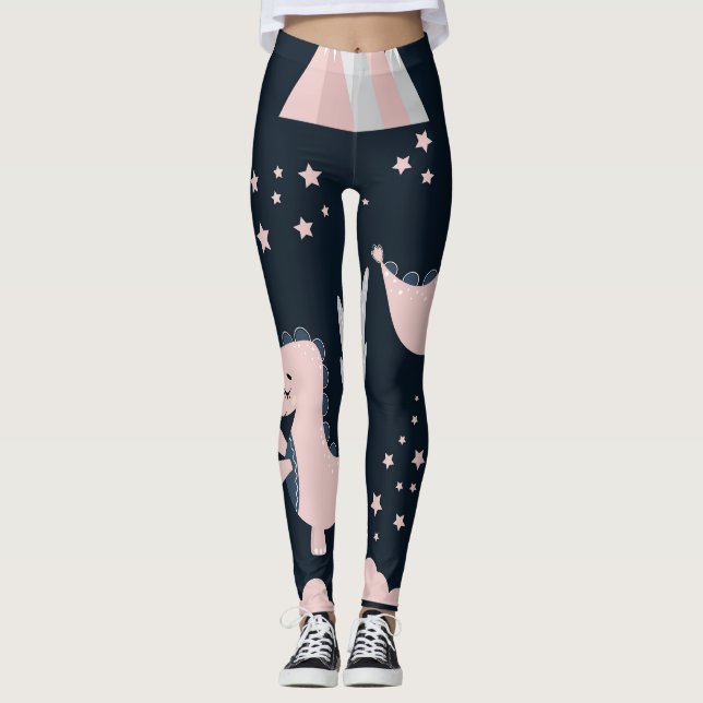Pink dinosaurs, dark background, cute leggings (Front)
