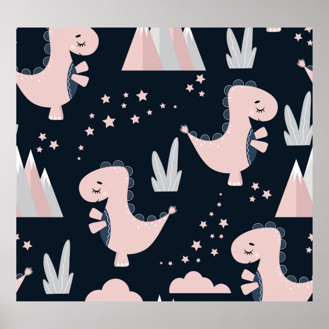 Pink dinosaurs, dark background, cute poster (Front)