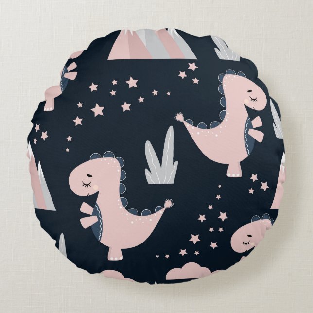 Pink dinosaurs, dark background, cute round cushion (Front)