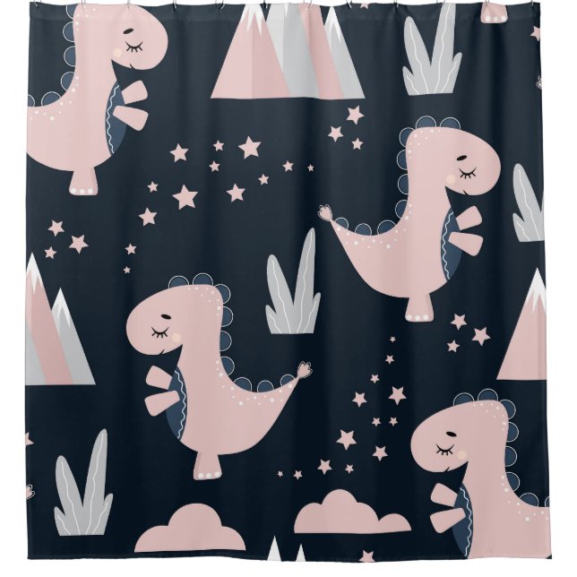 Pink dinosaurs, dark background, cute shower curtain (Front)