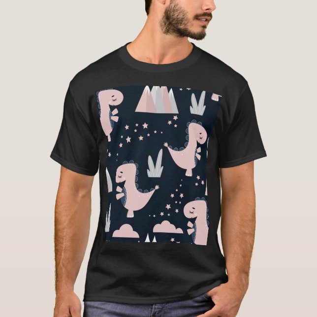 Pink dinosaurs, dark background, cute T-Shirt (Front)