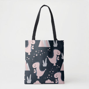 Pink dinosaurs, dark background, cute tote bag