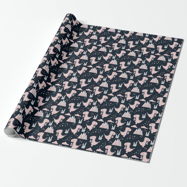 Pink dinosaurs, dark background, cute wrapping paper (Unrolled)