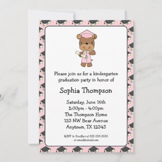 Pink Diploma Bear Girl Graduation Invitation