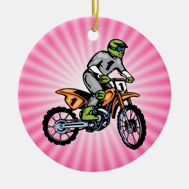 Pink Dirt Bike. Ceramic Tree Decoration (Front)