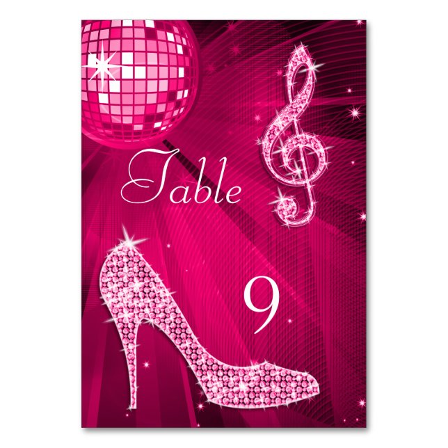 Pink Disco Ball and Stiletto Shoe Double Sided Table Number (Front)