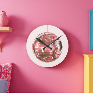 Pink Disco Ball, Girly Aesthetic, Glam 1970s Style Round Clock