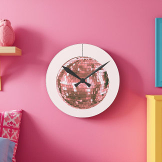 Pink Disco Ball, Girly Aesthetic, Glam 1970s Style Round Clock