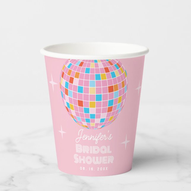 Pink Disco Ball Retro 70s 80s Bridal Shower Paper Cups (Front)