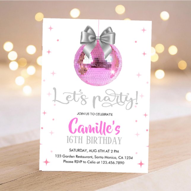 Pink Disco Ball | Silver bow Birthday  Invitation (Creator Uploaded)