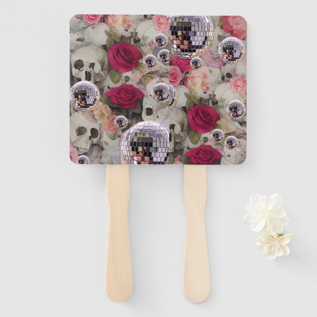 Pink Disco Balls Skulls and Roses Set of Fans (Front and Back)
