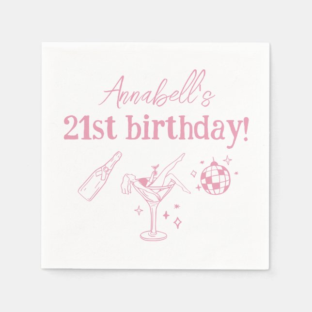 Pink Disco Birthday Party Modern Hand Drawn Doodle Napkin (Front)