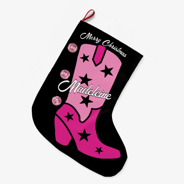 Pink Disco Costal Cowgirl Boot  Add Name Western Large Christmas Stocking (Front (Hanging))