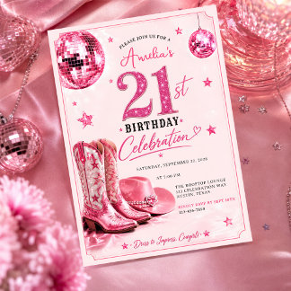 Pink Disco Cowgirl 21st Birthday Party Invitation