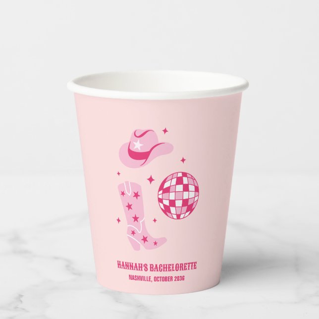 Pink Disco Cowgirl Bachelorette Party Paper Cups (Front)