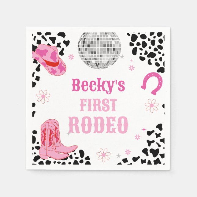 Pink Disco First Rodeo Wild West Girl 1st Birthday Napkin (Front)