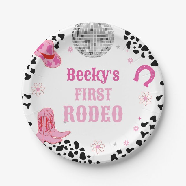 Pink Disco First Rodeo Wild West Girl 1st Birthday Paper Plate (Front)