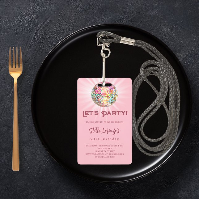 Pink disco party birthday invitation ID badge (Creator Uploaded)