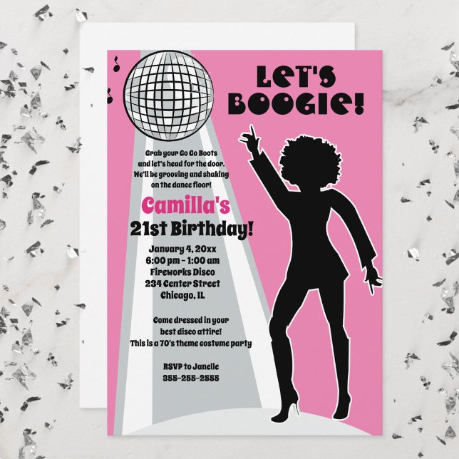 Pink Disco Party Women's Birthday Boogie Invitation (Disco Birthday Party Invitation in Pink and Silver)