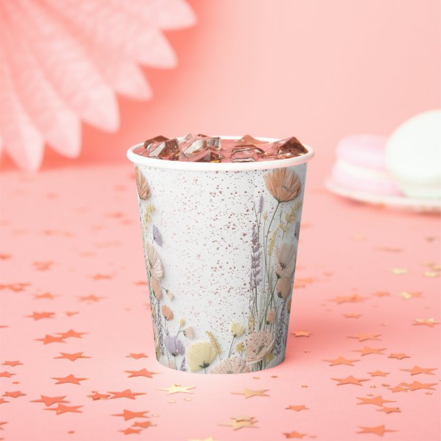 Pink Distressed Pressed Wildflower Baby Shower Paper Cups (Insitu)