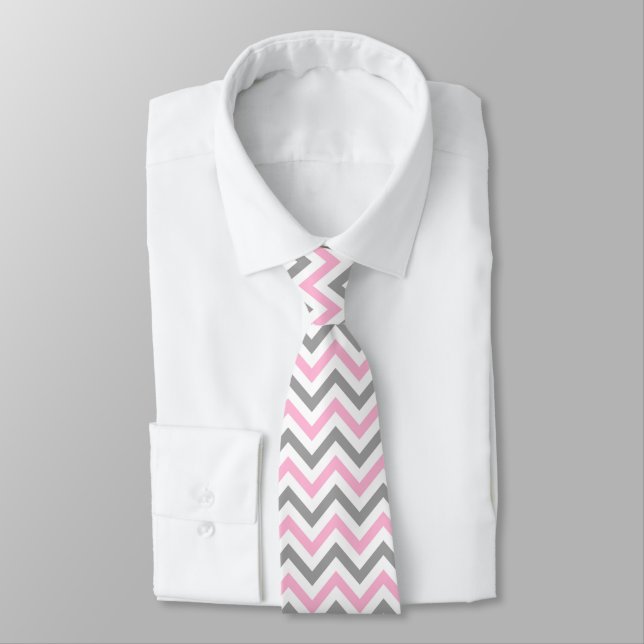 Pink, Dk Gray Wht Large Chevron ZigZag Pattern Tie (Tied)