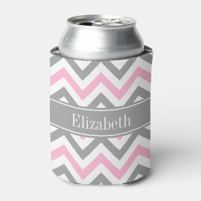 Pink Dk Grey White LG Chevron Grey Name Monogram Can Cooler (Can Front)
