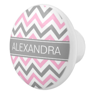 Pink Dk Grey White LG Chevron Grey Name Monogram Ceramic Knob