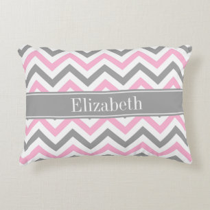Pink Dk Grey White LG Chevron Grey Name Monogram Decorative Cushion