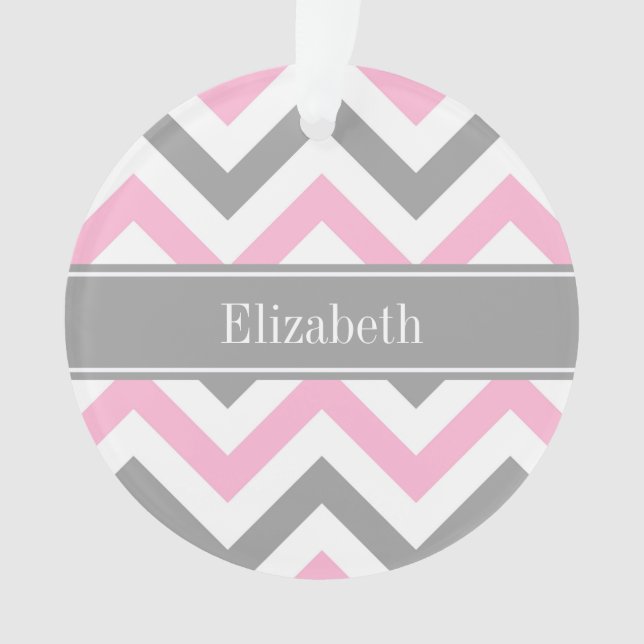 Pink Dk Grey White LG Chevron Grey Name Monogram Ornament (Front)