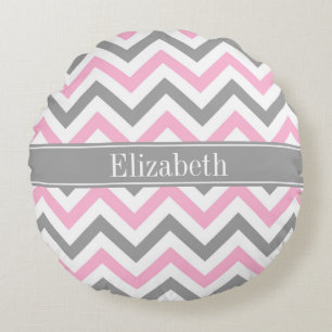 Pink Dk Grey White LG Chevron Grey Name Monogram Round Cushion