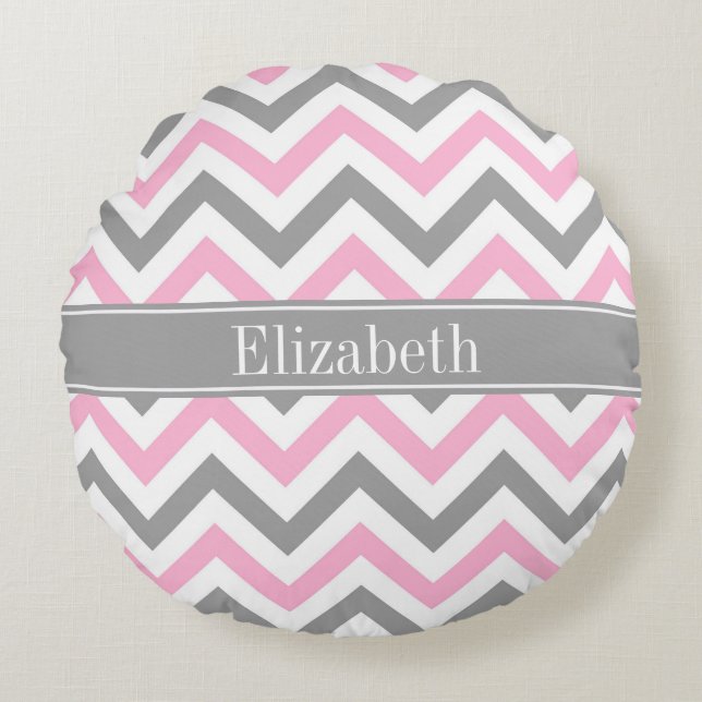 Pink Dk Grey White LG Chevron Grey Name Monogram Round Cushion (Front)
