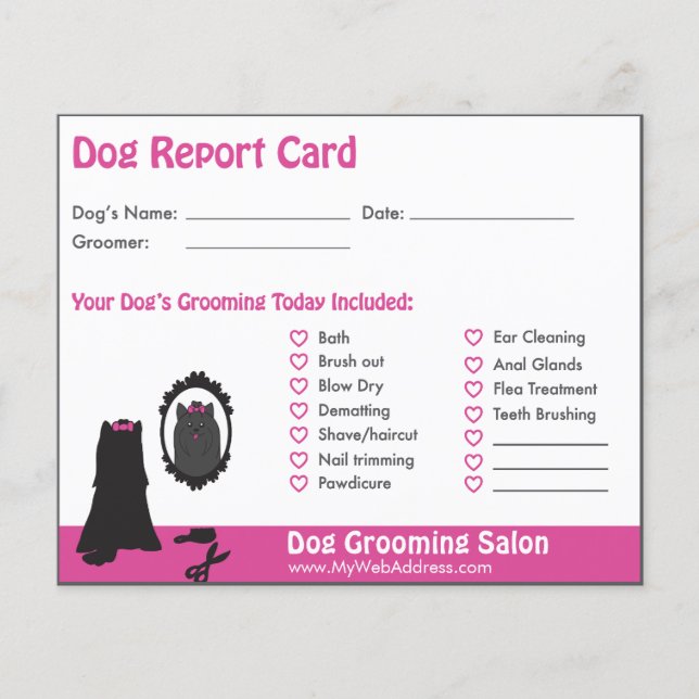 Pink Dog and Mirror Dog Grooming Report Card (Front)