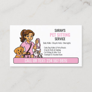 Pink Dog Cat Cartoon Girl QR Pet Sitting Business Card