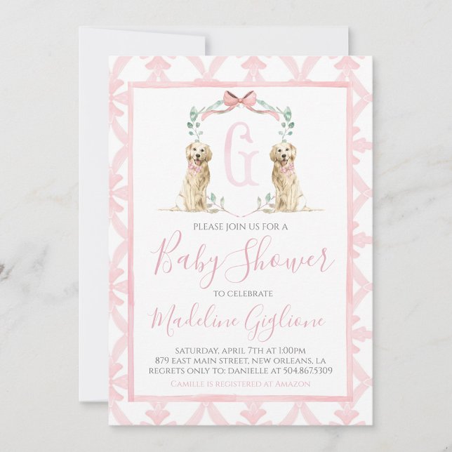 Pink Dog Girl Baby Shower Preppy Southern Invitation (Creator Uploaded)