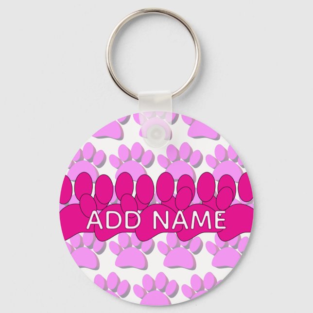 Pink Dog Paw Print Custom Personalized Name Key Ring (Front)