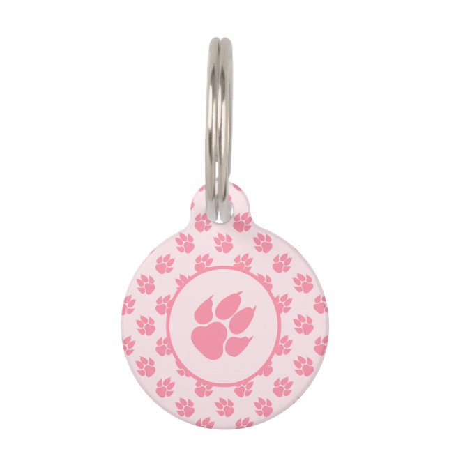Pink Dog Paws And Custom Pet Info Tag (Front)