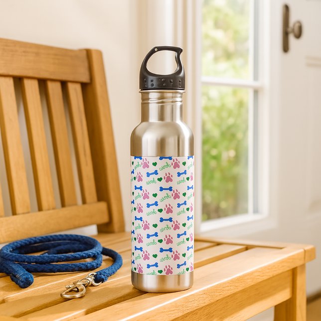 Pink Dog Paws, Blue Bones, Green Hearts and Woofs  710 Ml Water Bottle (A water bottle with a pattern of pink dog paws, blue dog bones & green hearts and woofs.)