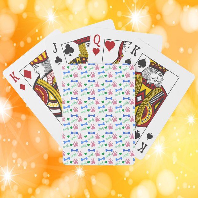 Pink Dog Paws Blue Bones Green Hearts Woof Pattern Playing Cards (A deck of playing cards with pink paws, blue bones, green hearts and woofs.)